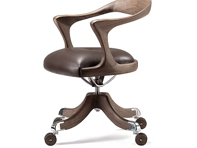 Modern Office Chair Featuring Leather Seat Curved Wooden Walnut Armrests And Five Star Base Casters 3d model
