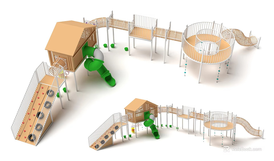 Modern Playground Equipment Featuring Wooden Playhouse Green Slide Climbing Net and Connecting Walkways 3d model 