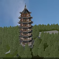 Traditional Multi Story Pagoda Surrounded By Lush Green Forest Under Blue Sky