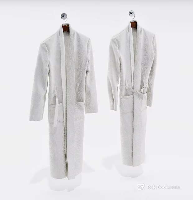 White Long Fluffy Robe With Open Front Pockets And Soft Fabric Design 3d model
