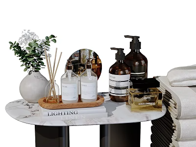 Elegant Bathroom Set with Green Plant Reed Diffusers Bath Products White Towels on Marble Countertop 3d model