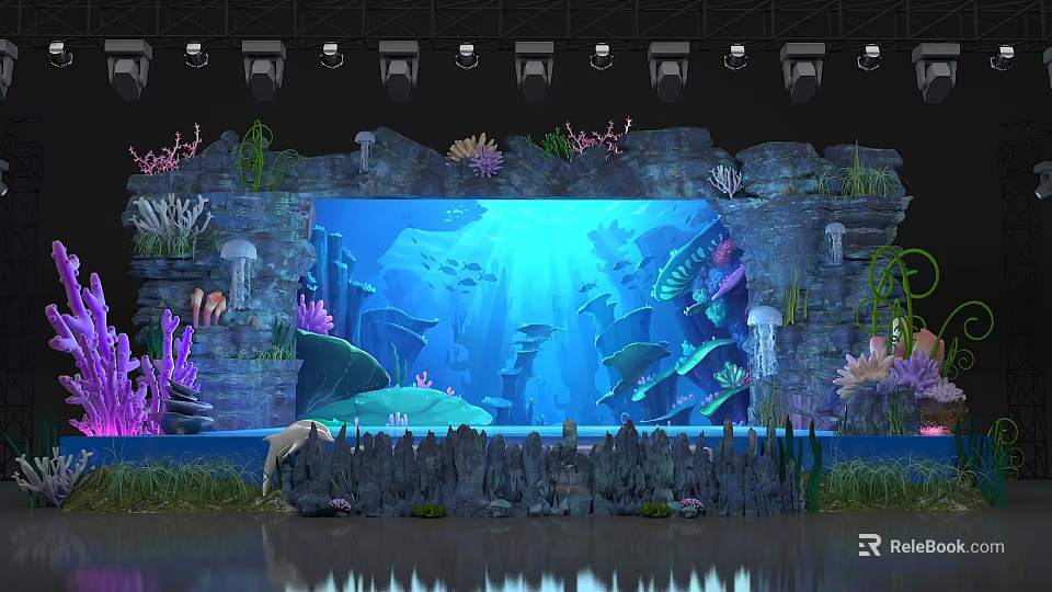 Underwater Themed Stage Design With Coral Seaweed Fish Jellyfish And Rock Formations 3d model 
