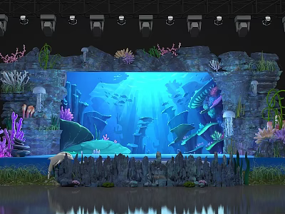 Underwater Themed Stage Design With Coral Seaweed Fish Jellyfish And Rock Formations 3d model