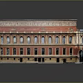 Vintage Red Building Model Featuring Ornate Windows And Arched Entrance