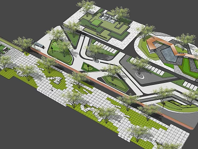 Park Landscape Design with Curved Walkways Green Lawns and Seating Areas 3d model
