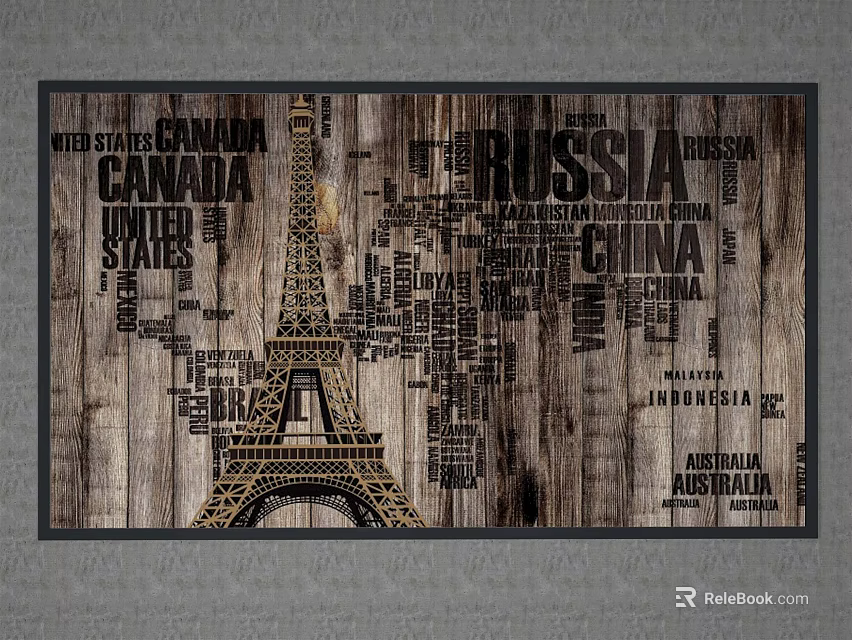 Vintage Wooden World Map Art Featuring Eiffel Tower And Country Names 3d model 