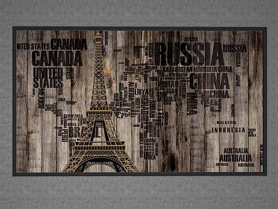 Vintage Wooden World Map Art Featuring Eiffel Tower And Country Names 3d model