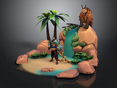 Beach Living Essentials 3D Model Scene With Palm Trees Rocks And Waterfall 3d model
