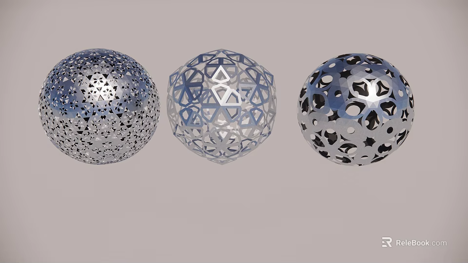 Floral Display Decoration Featuring Three Metallic Hollow Spheres With Intricate Designs 3d model 