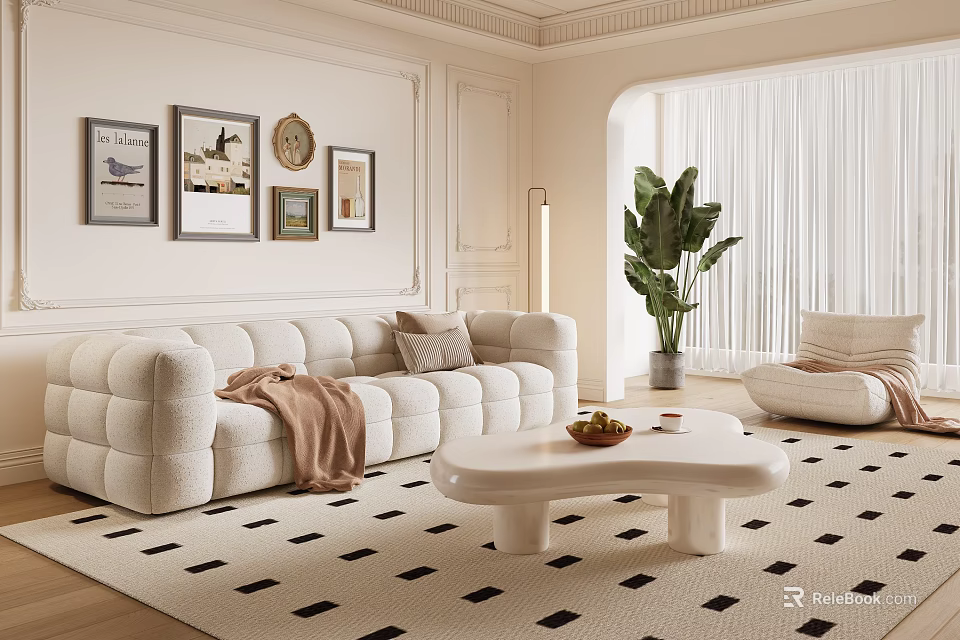 Modern Beige Sofa Coffee Table Set With Throw Pillow Green Plant And Wall Art 3d model 