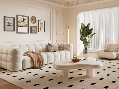 Modern Beige Sofa Coffee Table Set With Throw Pillow Green Plant And Wall Art 3d model