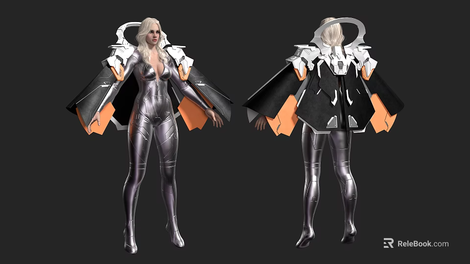 Game and Movie Character With Silver Long Hair Tight Suit Black Orange Cape Futuristic Style 3d model 