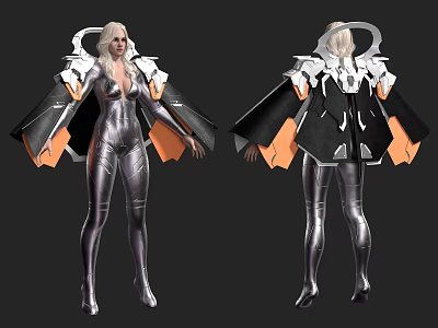 Game and Movie Character With Silver Long Hair Tight Suit Black Orange Cape Futuristic Style 3d model