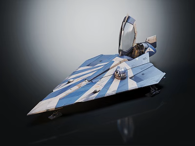 Blue and White Striped Fighter Jet with Open Cockpit and Sleek Aerodynamic Design 3d model
