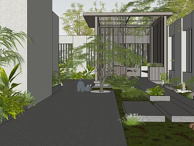 Modern Courtyard Garden Design With Lush Plants Stone Pathway And Steps 3d model