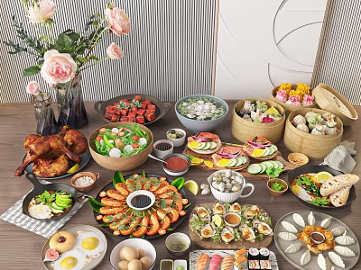 Assorted Delicious Food Spread With Grilled Chicken Fresh Shrimp Sushi Vegetables Fruits And Floral Decoration 3d model