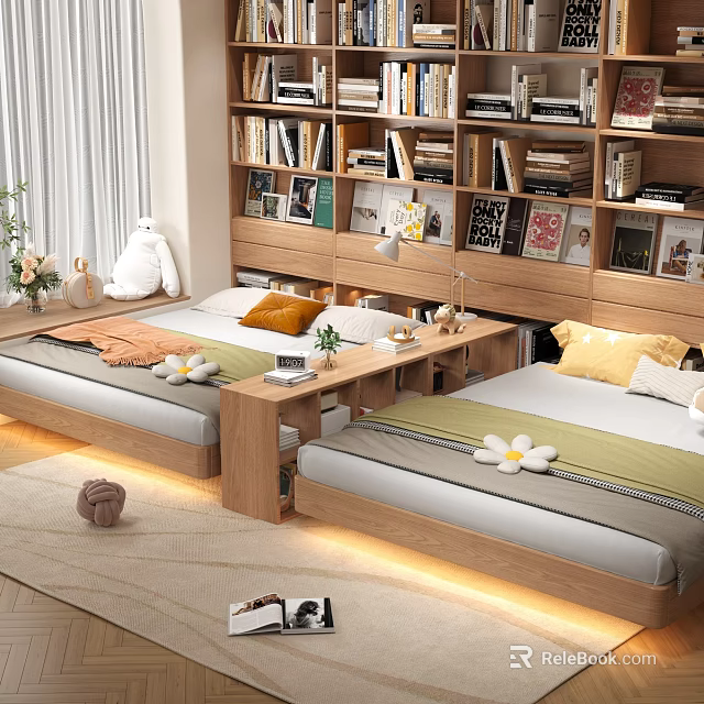 Modern Wooden Bookcase In Bedroom With Twin Beds And Decorative Paintings 3d model 