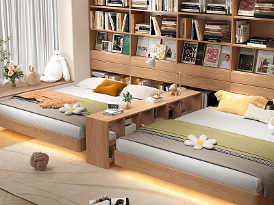 Modern Wooden Bookcase In Bedroom With Twin Beds And Decorative Paintings 3d model