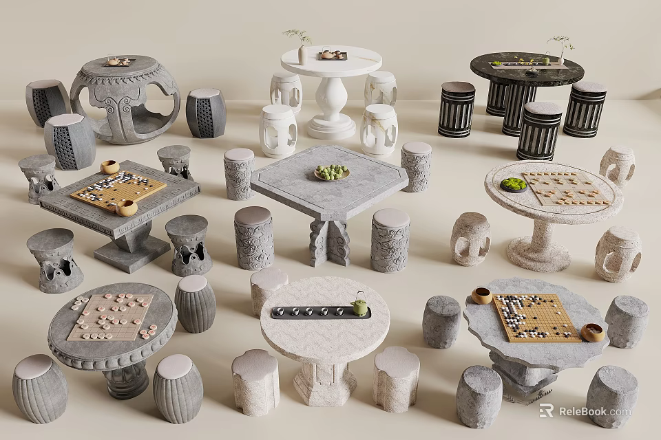Stone Table and Stool Set With Round Square Designs Chessboard And Decorative Elements 3d model