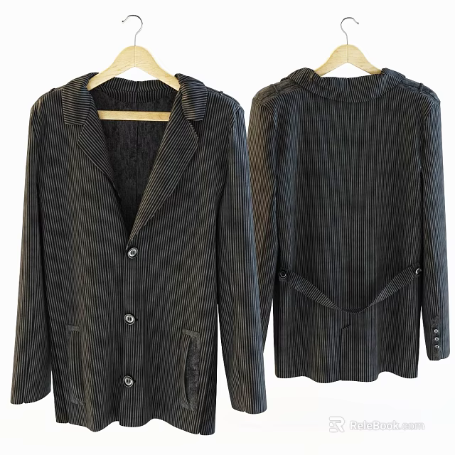 Dark Vertical Striped Coat With Buttoned Front And Back Detail In Soft Fabric 3d model 