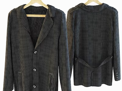 Dark Vertical Striped Coat With Buttoned Front And Back Detail In Soft Fabric 3d model