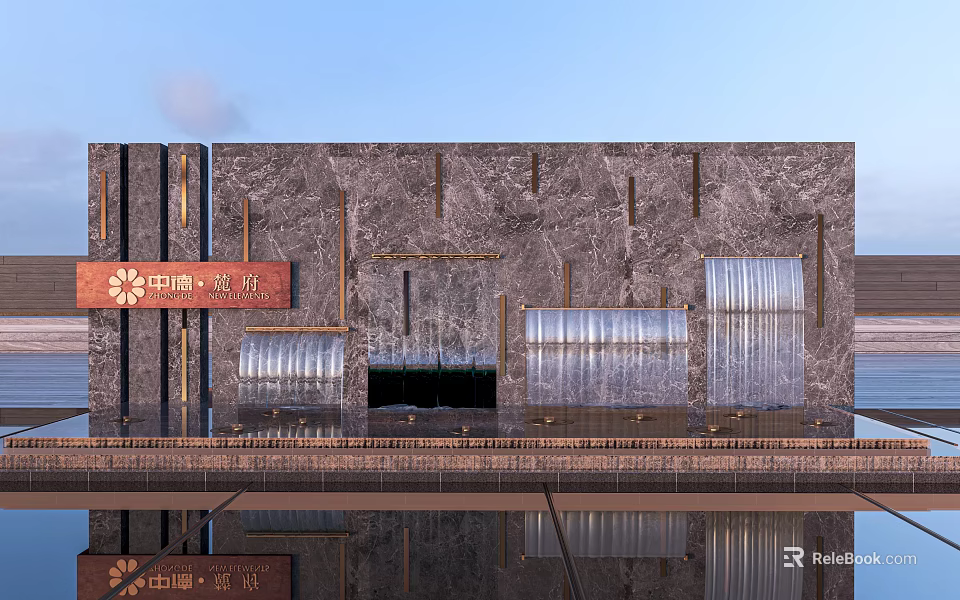 Elegant Chinese Style Scenic Wall With Marble Texture And Waterfall Reflection 3d model