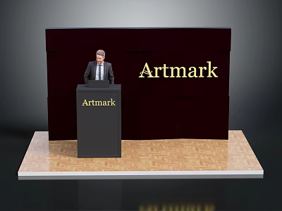 Artmark Presentation Podium With Person Standing Behind Dark Backdrop And Wooden Floor 3d model