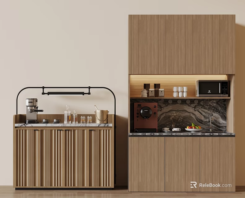 Modern Pantry Interior Design With Wooden Cabinets Coffee Machine Marble Countertop And Glass Cups 3d model 