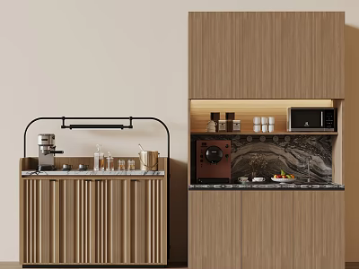 Modern Pantry Interior Design With Wooden Cabinets Coffee Machine Marble Countertop And Glass Cups 3d model