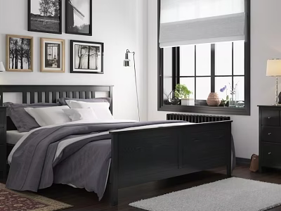 Black Double Bed Frame With Wall Art Window Roller Blinds Nightstand And Table Lamp 3d model
