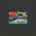 Modern Scene With Yellow Blue Train Bus Railway Track Level Crossing Building Trees And Boats
