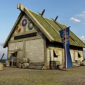 Medieval Building With Thatched Roof Stone Walls Shields Axe Barrels And Flag