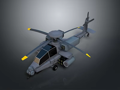 Gray Military Helicopter Model With Yellow Rotor Tips And Black Windows 3d model