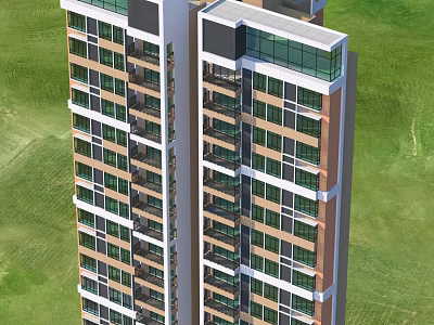 Tall Modern Residential Building With Balconies Windows And Green Lawn Surroundings 3d model