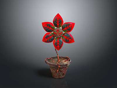 Red and Green Leafy Plant with Flower Shaped Leaves in Rustic Rusty Clay Pot 3d model