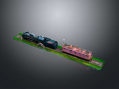 Toy Train Model With Black Steam Locomotive And Pink Car On Green Track 3d model