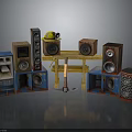 Wooden Speakers In Various Colors With Hammer And Shelf