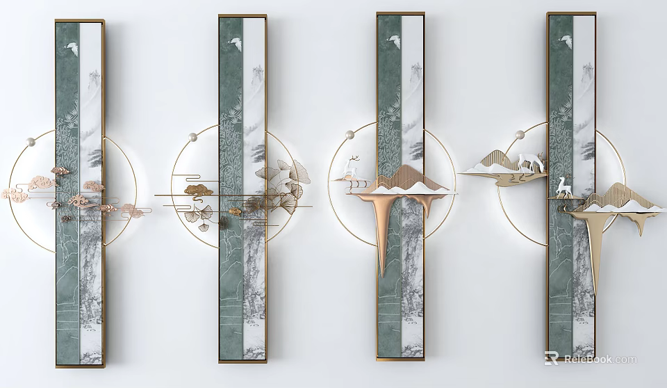 Modern Chinese Wall Decor With Crane Mountain Patterns And Gold Circular Accents 3d model 