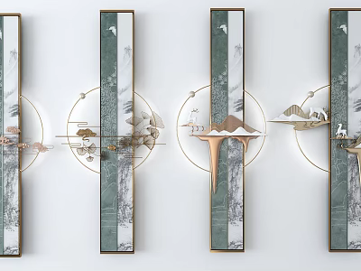 Modern Chinese Wall Decor With Crane Mountain Patterns And Gold Circular Accents 3d model