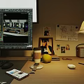 Desk Workspace with Computer Monitors Desk Lamp Photo Notes and Stacked Books