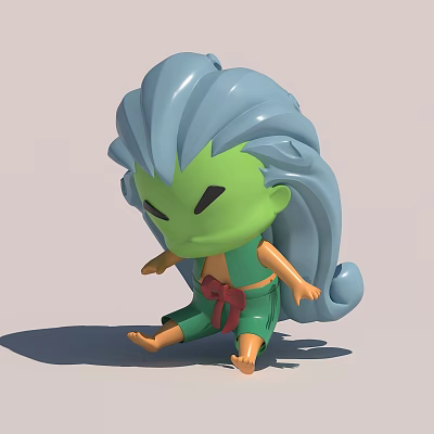 Cute 3D Cartoon Character with Green Skin Long Blue Hair Sitting and Red Clothing 3d model