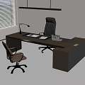 Modern Office Desk With Laptop Documents Black Executive Chair Wooden Floor And Window