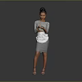 Woman In Gray Dress With White Apron Holding Object Standing On Gray Background