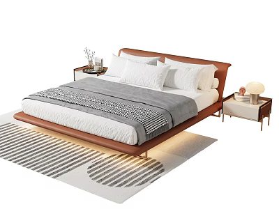 Modern Double Bed with Wooden Headboard White Pillows Gray Blanket Nightstands and Striped Rug 3d model