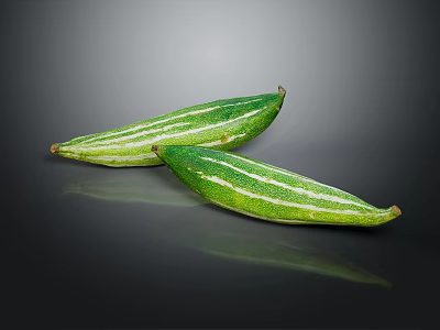 Two Fresh Green Striped Vegetables With White Lines On Dark Reflective Background 3d model