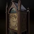 Gothic Style Wooden Grandfather Clock With Carved Details And Gold Accents
