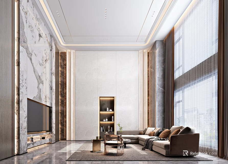 Modern Duplex Living Room Interior With Marble Wall Sofa Large Windows And TV Cabinet 3d model 