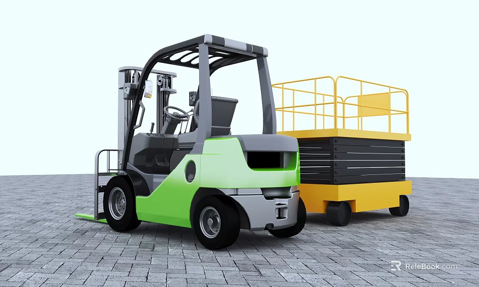 Green Forklift And Yellow Scissor Lift As Industrial Utility Vehicles In Warehouse Area 3d model 