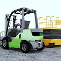 Green Forklift And Yellow Scissor Lift As Industrial Utility Vehicles In Warehouse Area