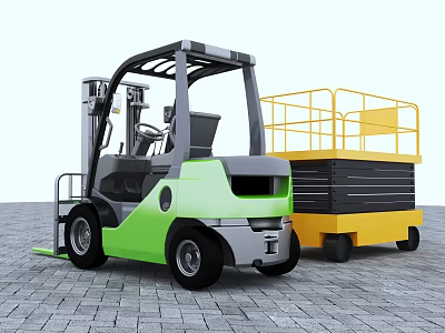 Green Forklift And Yellow Scissor Lift As Industrial Utility Vehicles In Warehouse Area 3d model